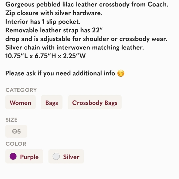 COPY - COACH Carrie Crossbody Metallic Lilac Bag F22207 - Picture 8 of 8